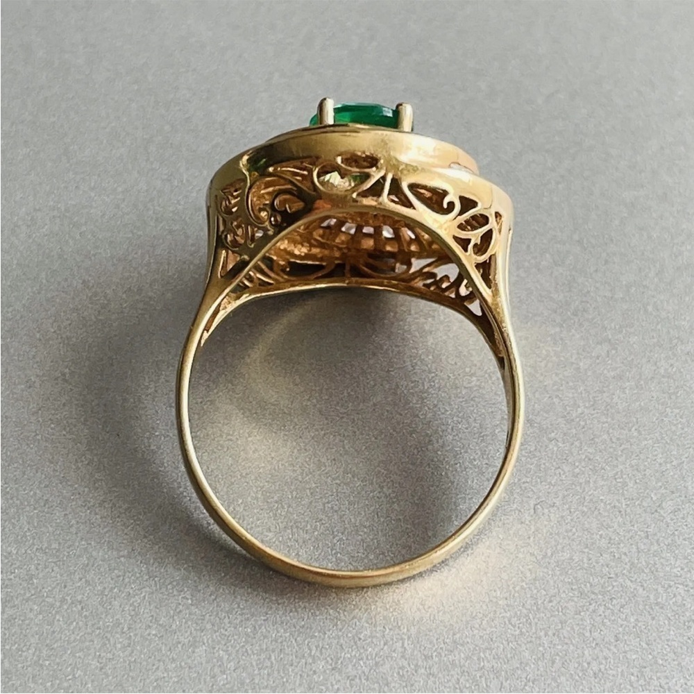 14k Gold Green Garnet Demantoid, CZ Art Deco Round Spiral Filigree Cockt… - Picture 7 of 10